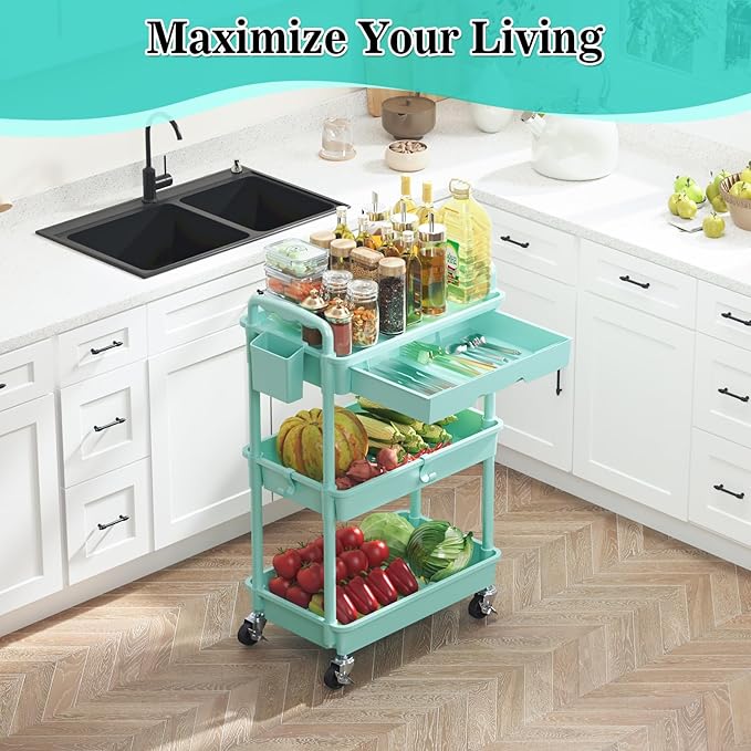 3-Tier Rolling Cart with Drawer & Lockable Wheels, Blue