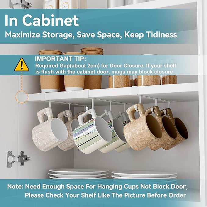 ECROCY Coffee Mug Holder Under Cabinet, 3pcs Coffee Cup Holder Only Fits Flat Shelf Without Any Lip, Clip-On Coffee Mug Organizer No Drilling Free Damage