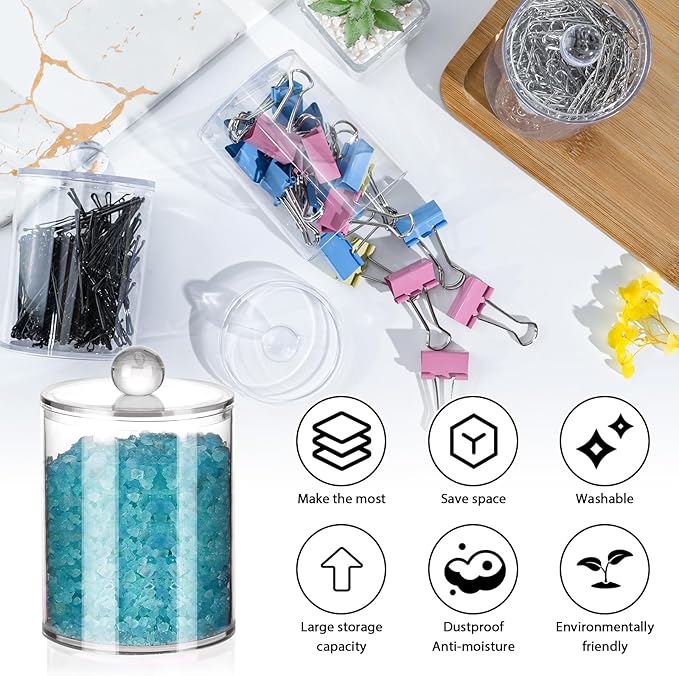 XIPENGKEJI 2 Pack Qtip Holder,Canister Apothecary Jar Set, Bathroom Jars with Lids Set for Cotton Swabs, Balls, Pads, Floss Picks,10oz-12oz Plastic Canisters Restroom Bedroom Vanity Organizer(Clear)