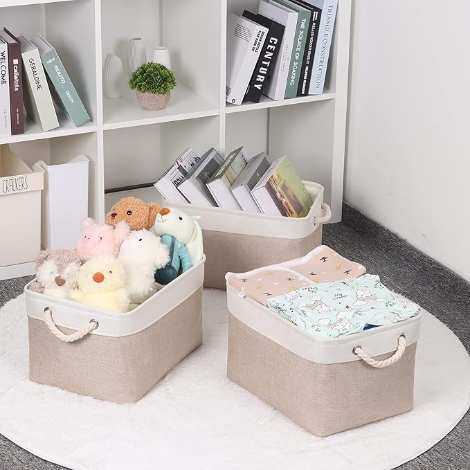 Bidtakay Large Fabric Baskets with Handles [3-Pack] Collapsible Storage Basket