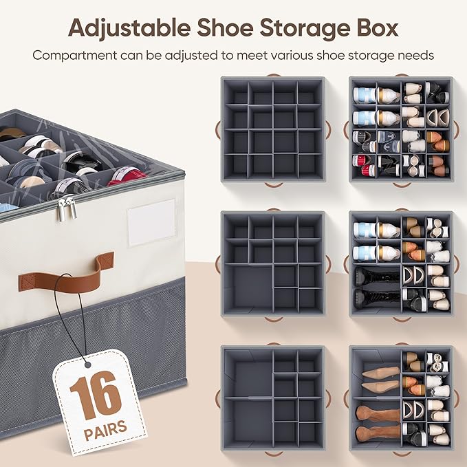 Shoe Organizer for Closet, 1 Pack Shoe Storage Container with Adjustable Dividers, Space Saving Shoe Box Storage Organizer Bin with Clear Lid and 4 Handles, Fits 8-16 Pairs, Beige & Grey