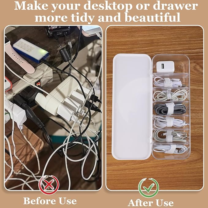 Cable Organizer Box with Lid, 3 Pcs Cable Cord Storage Organizer Box with 21 Wire Ties 54 Cable Labels, 7 Compartments Charger Organizer for Office Drawer Desk Accessories Case