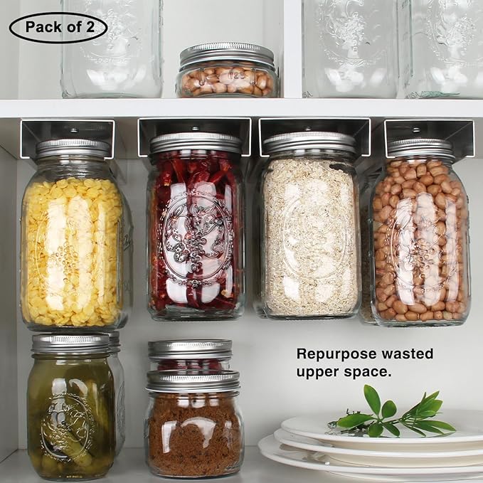 lopeztek Mason Jar Organizer, Canning Rack for 4 8 12 16 24 32 64 oz, Under Cabinet and Pantry Food Storage Hanger Accessories(2Pcs-Regular-Long)