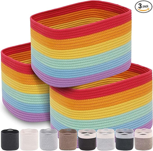 BLANC Cotton Rope Baskets for Organizing, Shelves, Toys, Rainbow, 15"x10"x9"