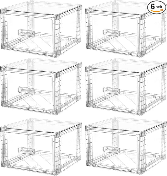 6 Pack Clear Stackable Storage Bins, Easily Assemble Bathroom Organizers
