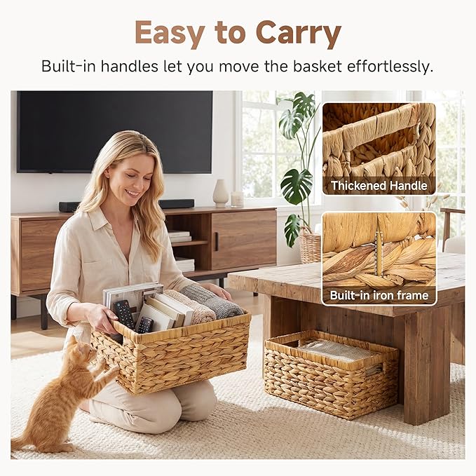 Wicker Storage Baskets, Handwoven Water Hyacinth Basket for Organizing