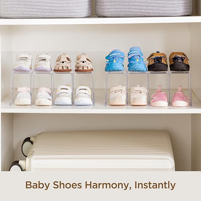 HBlife Clear Acrylic Kids Shoe Rack for Closet Organizers and Storage, Small Shoe Rack 4 Sections Toddler Baby Shoe Storage Organizer Stackable Shoe Shelf,Desk File Sorter Book Purse Organizer(1 Pack)