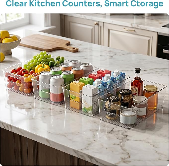 Vtopmart 4pcs Clear Organizers and Storage Bins, Plastic Storage Containers with Handles for Fridge, Freezer, Pantry, Cabinet, Kitchen Organization