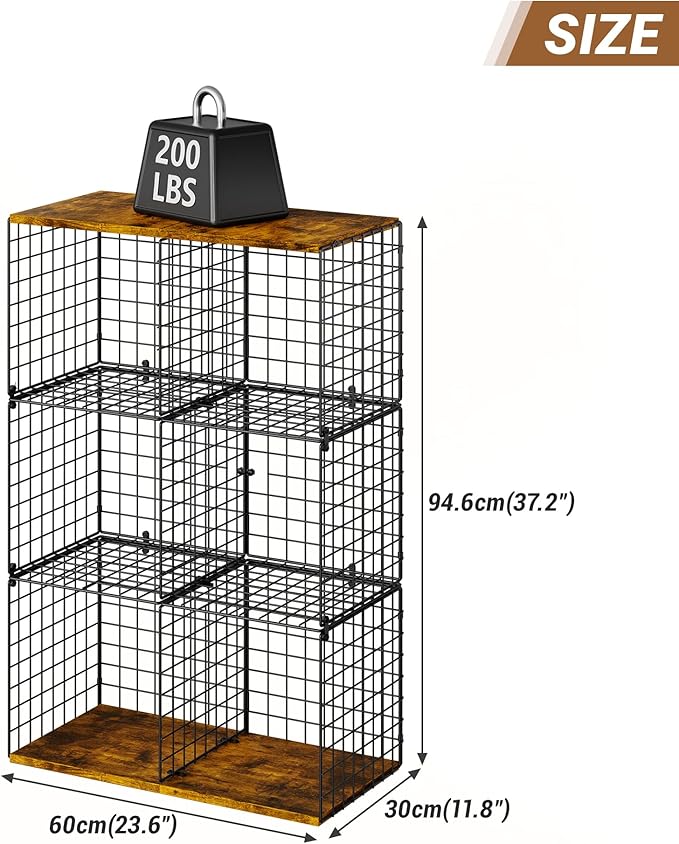 6-Cube Tall Closet Organizer Storage Wire Basket Shelf with Wood Top for Wardrobe Bedroom Closet Systeem, Stackable Sturdy Space-saving Clothing Shelves for Clothes, Sweaters, Pants, Handbags, Shoes