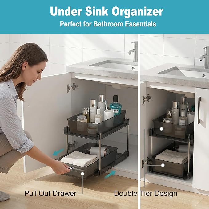 2 Pack Bathroom Organizer,2 Tier Clear Under Sink Organizers Vanity Countertop Storage Container,Cabinet Drawers Bins, Pull-Out Organization with Track for Pantry, Kitchen