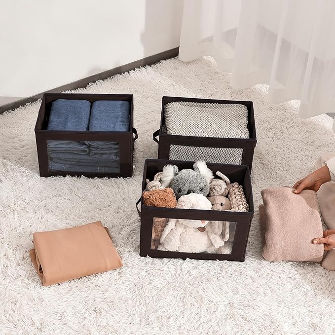 Homsorout Collapsible Storage Bins with Clear Window - Clothes Organizers and Storage, Decorative Boxes with Lid, Fabric Storage Cube, Storage Baskets for shelves, Yarn, Home, Brown, 4-Pack