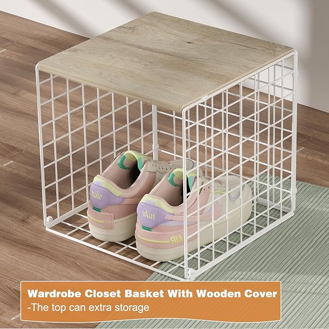 Hencawima 4 Pack Closet Organizers and Storage with Wood Top, Stackable Closet Shelf Organizer, Double Storage Design, Clothes Storage Basket/Cube Organizer for Wardrobe, Sturdy, White
