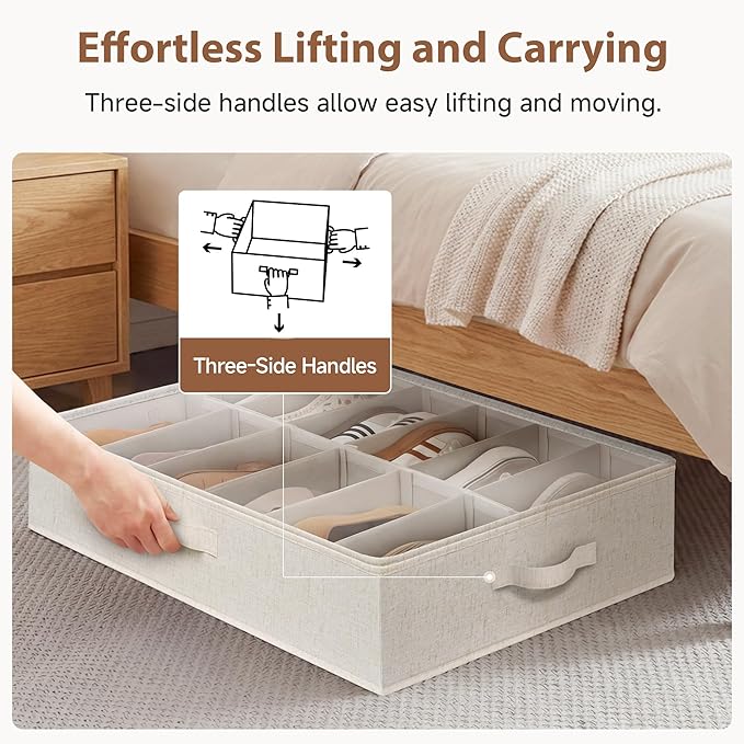 StorageWorks Underbed Shoe Storage Organizer for Closet, 2-Pack Fabric Under Bed Shoe Organizer with Adjustable Dividers, Fits up to 24 Pairs, Beige(Natural Texture)