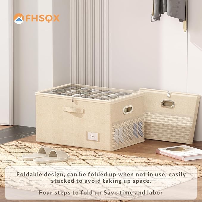 Shoe Organizer for Closet, Shoe Box Storage Containers Fit 18 Pairs Foldable Shoe Storage Bins with Clear Cover & Adjustable Dividers for Shoes Blankets Linen Clothing (Beige, (24.4*16.5*12.9)x1)