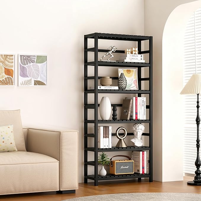 VASMIA 6-Tier Bamboo Shelf,Bamboo Storage Shelving Unit,Tall Bookcase with Adjustable Shelves,Multipurpose Storage Display Shelf for Bathroom, Living Room, Balcony, Kitchen,Black