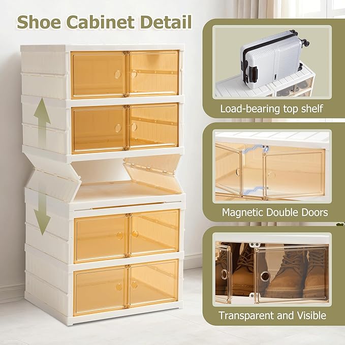Foldable Shoe Rack Organizer Collapsible Shoe Storage Organizer with Doors, Large Plastic Folding Shoe Rack, Clear Shoe Storage Boxes Easy Assembly Shoe Cabinet for Entryway (2 x 6 Tiers-12 Pairs)