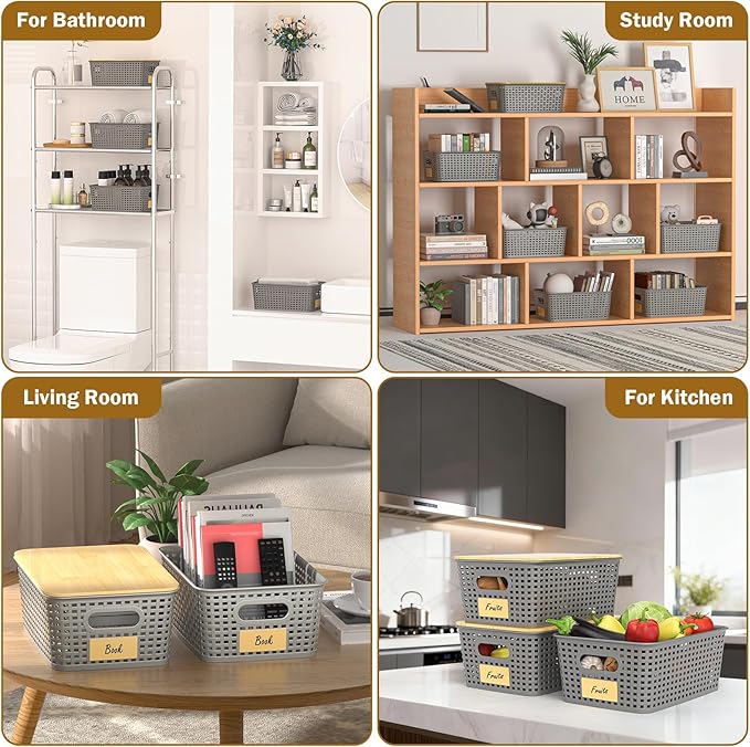 Stackable Storage Basket: Plastic Baskets Bins, Baskets for Organizing, Pantry Decorative Containers for Closets, Cabinets, Shelves(8 Pack, Grey)
