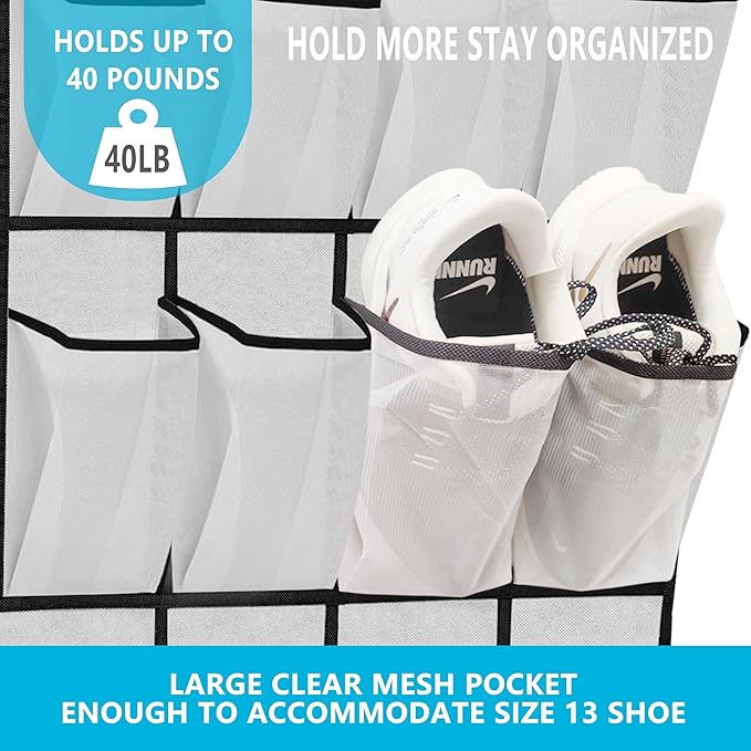Over The Door Shoe Organizers with 24 Mesh Pockets Shoe Organizer Storage, White