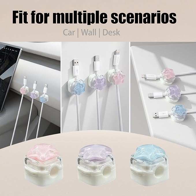 3Pack Magnetic Cable Clips for Nightstand, Adhesive Night-Glowing Cord Holder Organizer for Office Home Desk Wall Car (Star)
