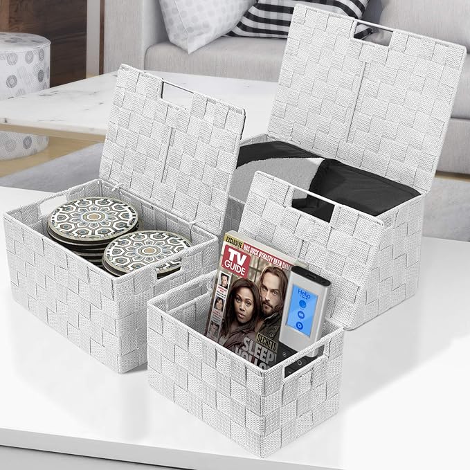 Sorbus Set of 3 Hand-Woven Storage Baskets with Lids – Decorative Wicker Organizers for Home, Closet, or Shelves (White)