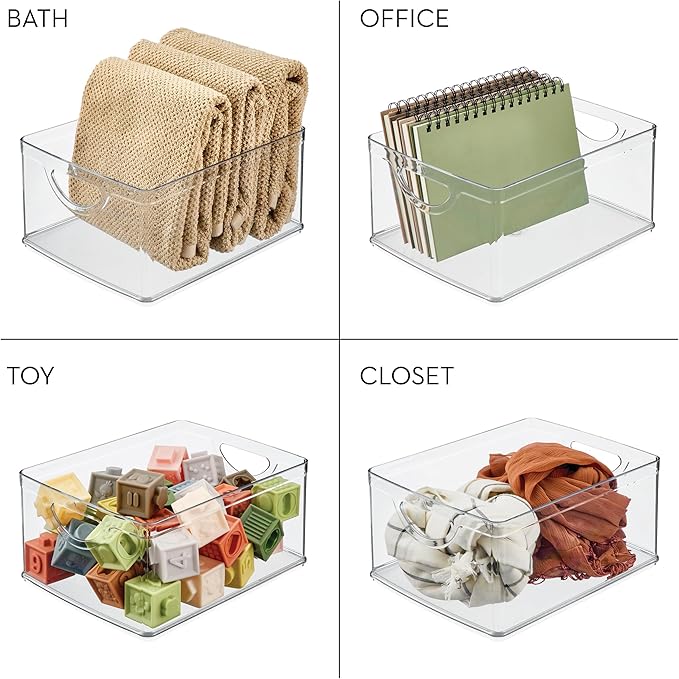 iDesign Plastic Stackable Kitchen Cabinet Storage Bin with Handles - Clear Pantry Organizer, 4-Pack