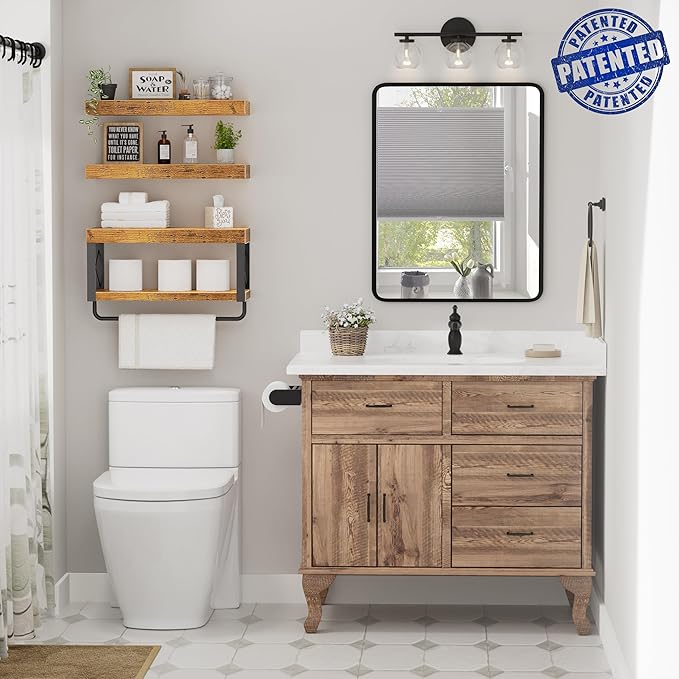 QEEIG Bathroom Shelves Over Toilet - Floating Shelf for Wall Toilet Paper Storage Farmhouse 16 inch Set of 3, Rustic Brown (029-40BN3)
