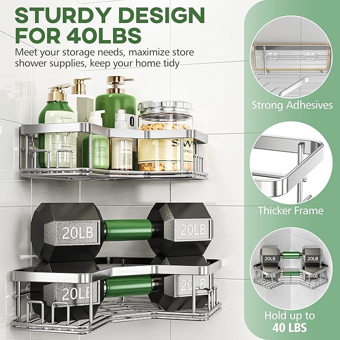 MAXIFFE 3 Pack X-Large Corner Shower Caddy with Soap Holder, Large Capacity Sturdy Easy Install No Drilling Stainless Steel Hold 40 LB Shower Organizer Shelves Rack for Family Renters Bathroom, Silver