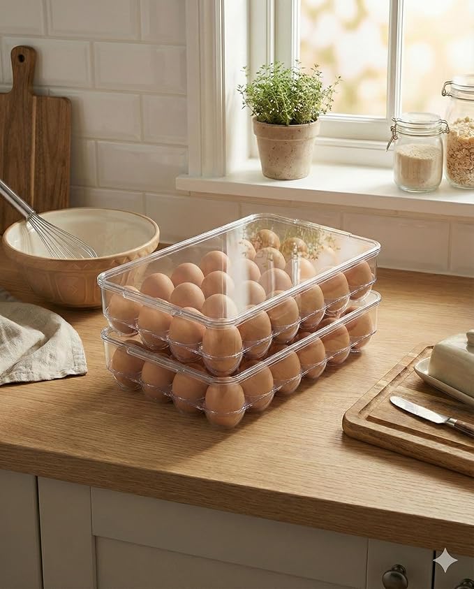 Clear Egg Holder for Refrigerator - Stackable Plastic Egg Tray with Lid, Large Capacity Egg Storage Bin, Durable Fridge Organizer for Kitchen & Countertop - Holds 24 Eggs