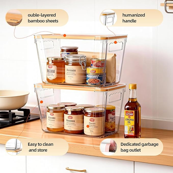 4 Pack Clear Storage Bins with Bamboo Lid, Garbage Bag Dispenser, Pantry Organizers and Storage for Onion Potato, Under Sink Organizer for Kitchen Laundry Room