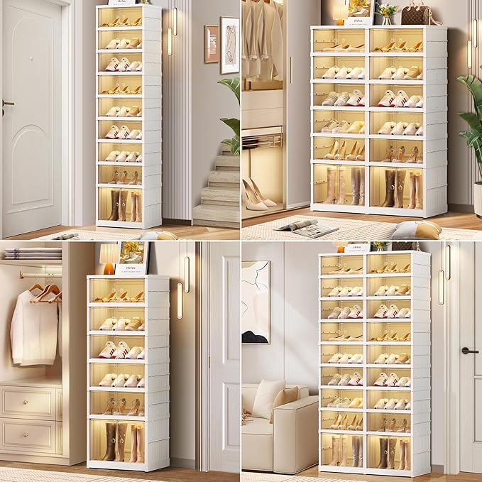 CIMLORD 6-Tier Foldable Shoe Rack Organizer for Closet 12Pairs Plastic Shoe Shelf Collapsible Shoes Storage Box Clear Shoe Boxes Stackable with Door Easy Assembly Shoe Cabinet with Lids Large