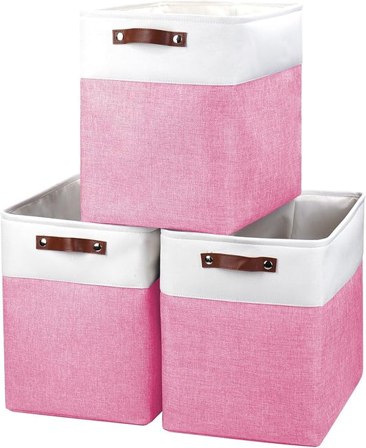Large Fabric Storage Baskets, 50L Storage Bins, Pink&White