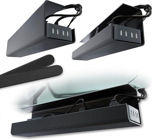 No-Screw Under Desk Cable Management Tray, Black Set of 2