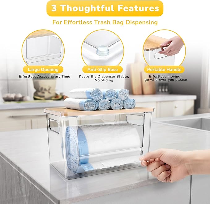Trash Bag Dispenser Holder, 3-in-1 Laundry Detergent Dispenser Under Sink Organizer Box & Bamboo Lid, Clear Laundry Room Organization and Storage, Kitchen Garbage Bags Storage Container