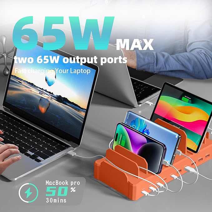 320W Charging Station for Multiple Devices, Zobirez 10-Port USB C Fast Charger Stations for MacBook, iPhone, Android Cell Phone, iPad, Tablet Family Multi-Device Organizer Charging Dock, Orange