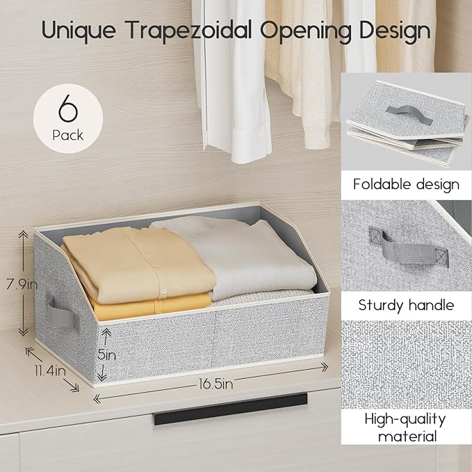 Homsorout Large Closet Organizers and Storage Bins - 6 Pack Trapezoid Storage Baskets for Shelves, Foldable Fabric Baskets with Handles Ideal for Closet, Basket, Wardrobe and Shelf Storage, Light Grey
