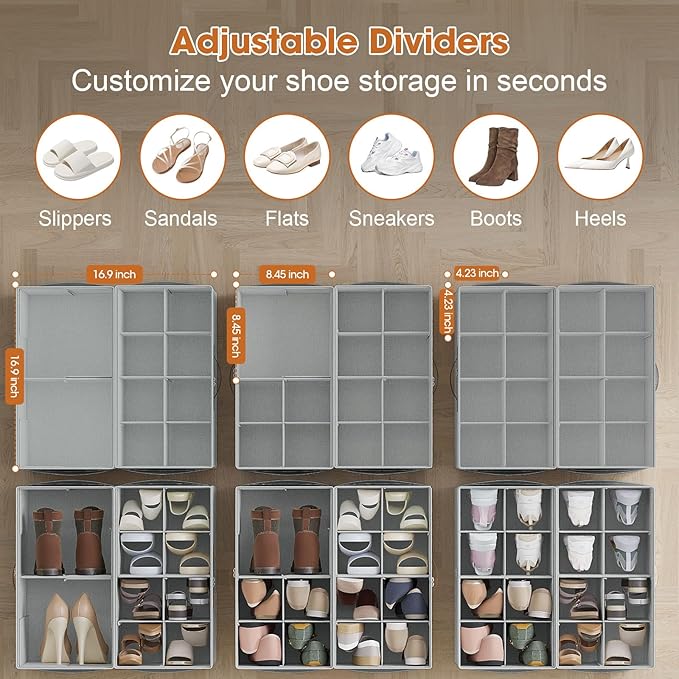 4 Pack Shoe Organizer for Closet,Foldable Shoe Storage Organizer with Adjustable Dividers, Shoe Storage Box with Clear Cover, Fits up to 32 Pairs, Gray