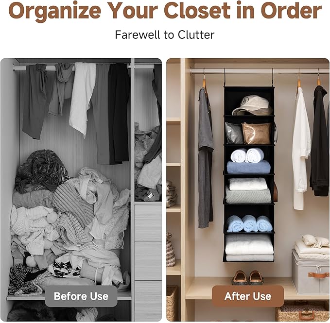 StorageWorks Hanging Closet Organizer, 6-Shelf Hanging Shelves with 2 Hooks, Foldable Space-Saving Design, Closet Organizers and Storage for Bedroom, Dorm, Locker, Black