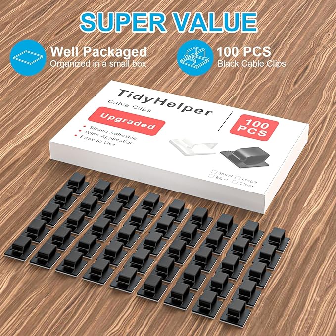 100 PCS Cable Clips, Upgraded Adhesive Cord Clips for Wires on Wall, Strong Wire Clips Holders for Cord Cable Management, Ethernet Cable, USB, Phone Charger, Cat 6, Car Dash Cam (Small, Black)