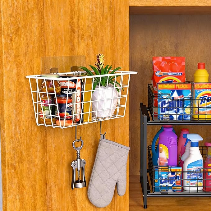 MaraFansie Wall Wire Baskets Adhesive Basket Hanging Kitchen Baskets No Drilling for Cabinet & Pantry Organization and Kitchen, Bathroom, Bedroom Storage, 4 Pack, White