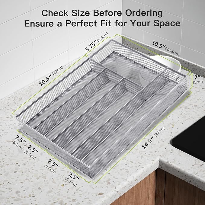 Silverware Drawer Organizer, 5 Compartment Cutlery Tray with Non-Slip Feet