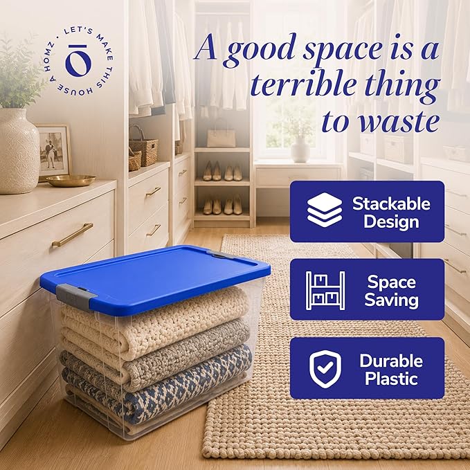HOMZ 2-Pack Secure Latch, Clear Plastic Storage Organizer Bins, 64 Quart, Blue Lid - Stackable Container Boxes for Bedroom, Bathroom, Garage, and Office Organization