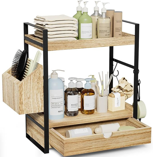 2-Tier Bathroom Counter Organizer with Drawer and Basket