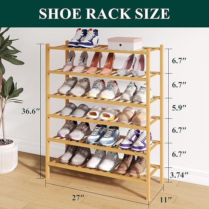 Smiry Bamboo Shoe Rack for Closet, 6 Tier Wooden Shoe Organizer, Stackable Wood Shoe Storage Shelf for Entryway, 14 Vertical Slats, 3+3 Stack Heavy-Duty Legs, 26.77"x11.02"x36.61", Natural