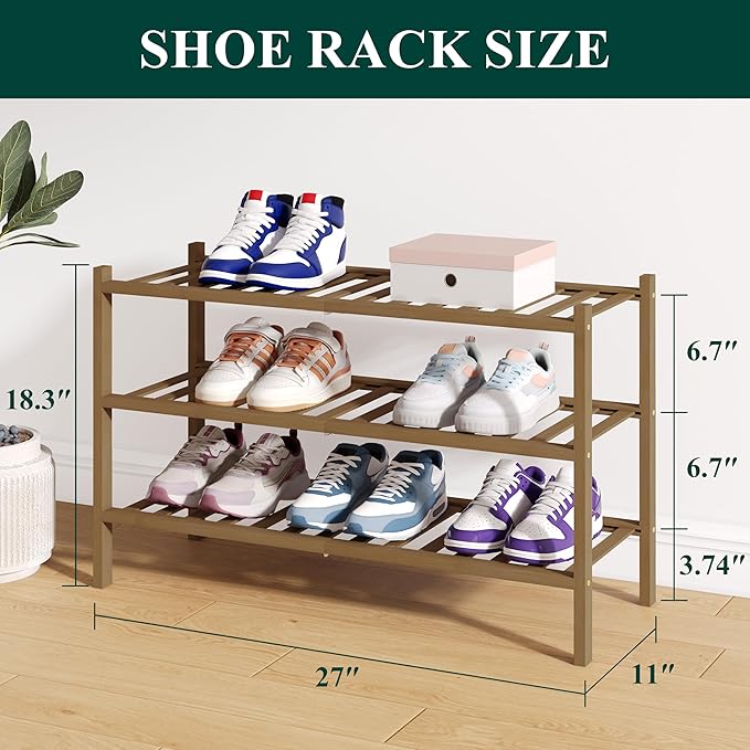 Smiry Bamboo Shoe Rack for Closet, 3 Tier Wooden Shoe Organizer, Stackable Wood Shoe Storage Shelf for Entryway, 14 Vertical Slats, One-piece Heavy-Duty Legs, 26.77"x11.02"x18.31", Walnut