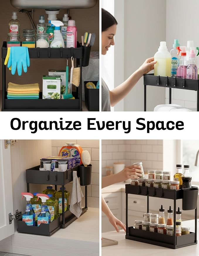 2 Tier Under Sink Organizer with Sliding Drawer, Pull Out Cabinet Storage Rack for Kitchen Bathroom Pantry, Multi Purpose Shelf with Removable Side Hooks and Hanging Cup, Tool Free Assembly