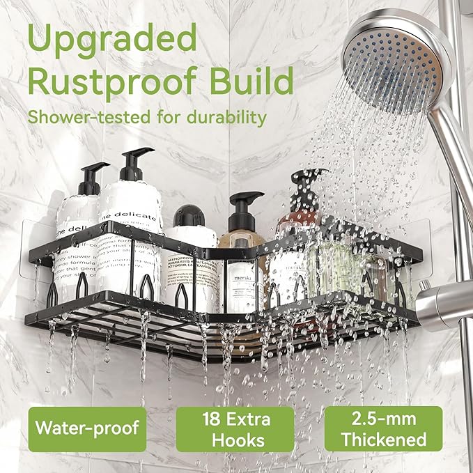 Shower Shelf Corner, Adhesive Shower Caddy Rustproof, Shower Shelves Corner with Soap Holder, No Drilling Shower Corner Organizer for Dorm, Renters Bathroom, Black, 3 Pack