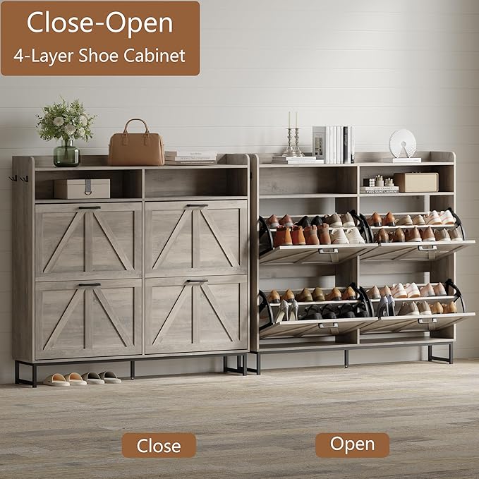 Shoe Cabinet with 4 Flip Drawers, Freestanding Hidden Shoe Storage Organizer for Entryway, Narrow Slim Shoe Rack Cabinet with Open Storage & Hooks for Front Door Entrance, Living Room, Hallway, Grey