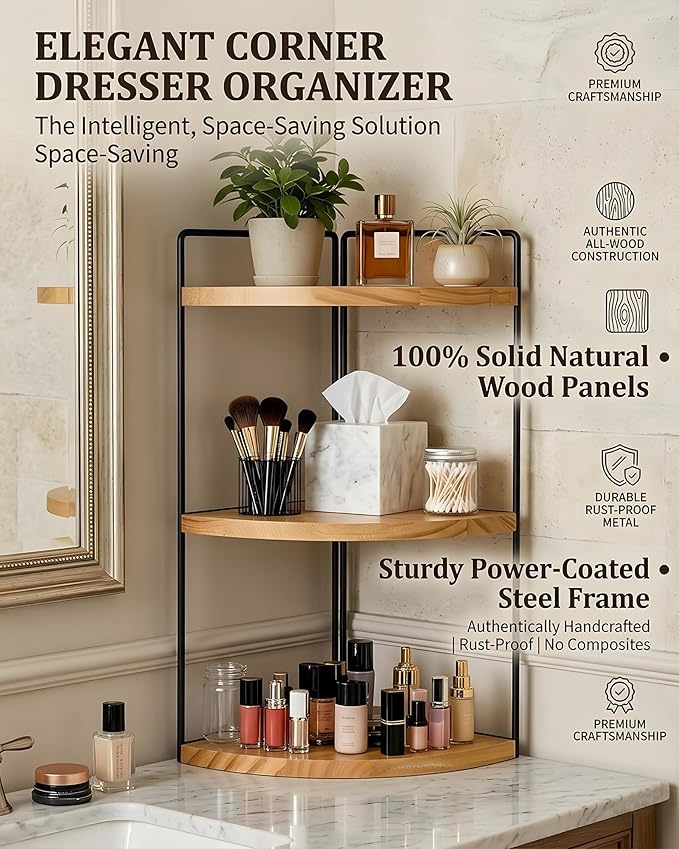3-Tier Corner Bathroom Countertop Organizer, Solid Pine Wood Vanity Corner Shelf for Skincare & Makeup, Waterproof Standing Rack for Bathroom, Kitchen & Dresser, Large 15.7" H, Natural Wood