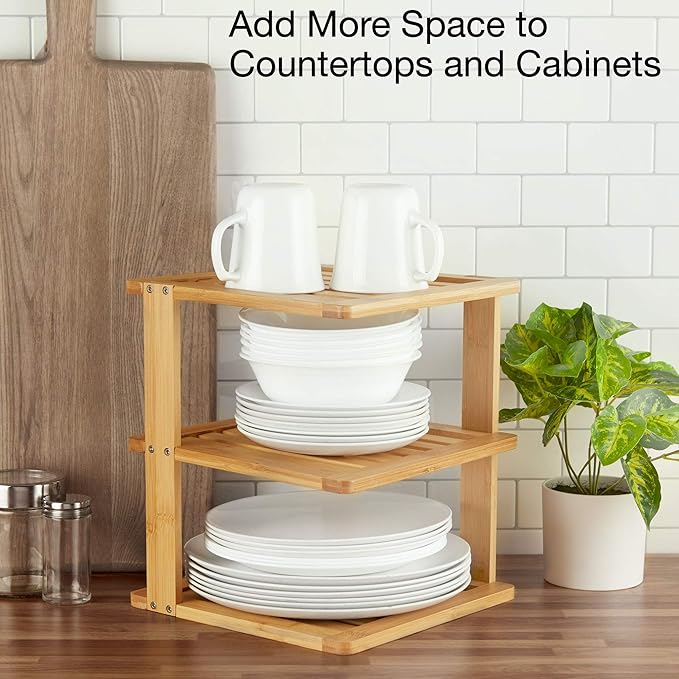 Bamboo Corner Shelf - 3 Tier 10 x 10 inch and 11.5 inches high. Kitchen Cabinet Organizer - Pantry Organization and Storage - Bathroom Countertop Shelves