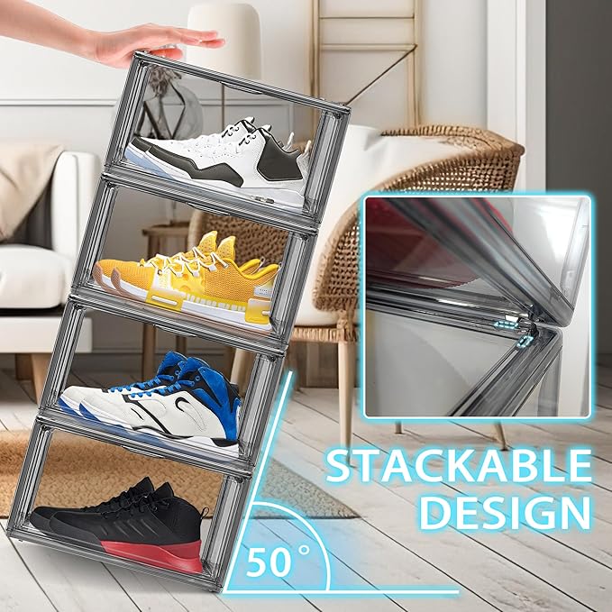 12 Pack Large Shoe Organizers Storage Boxes for Closet Clear Plastic Stackable